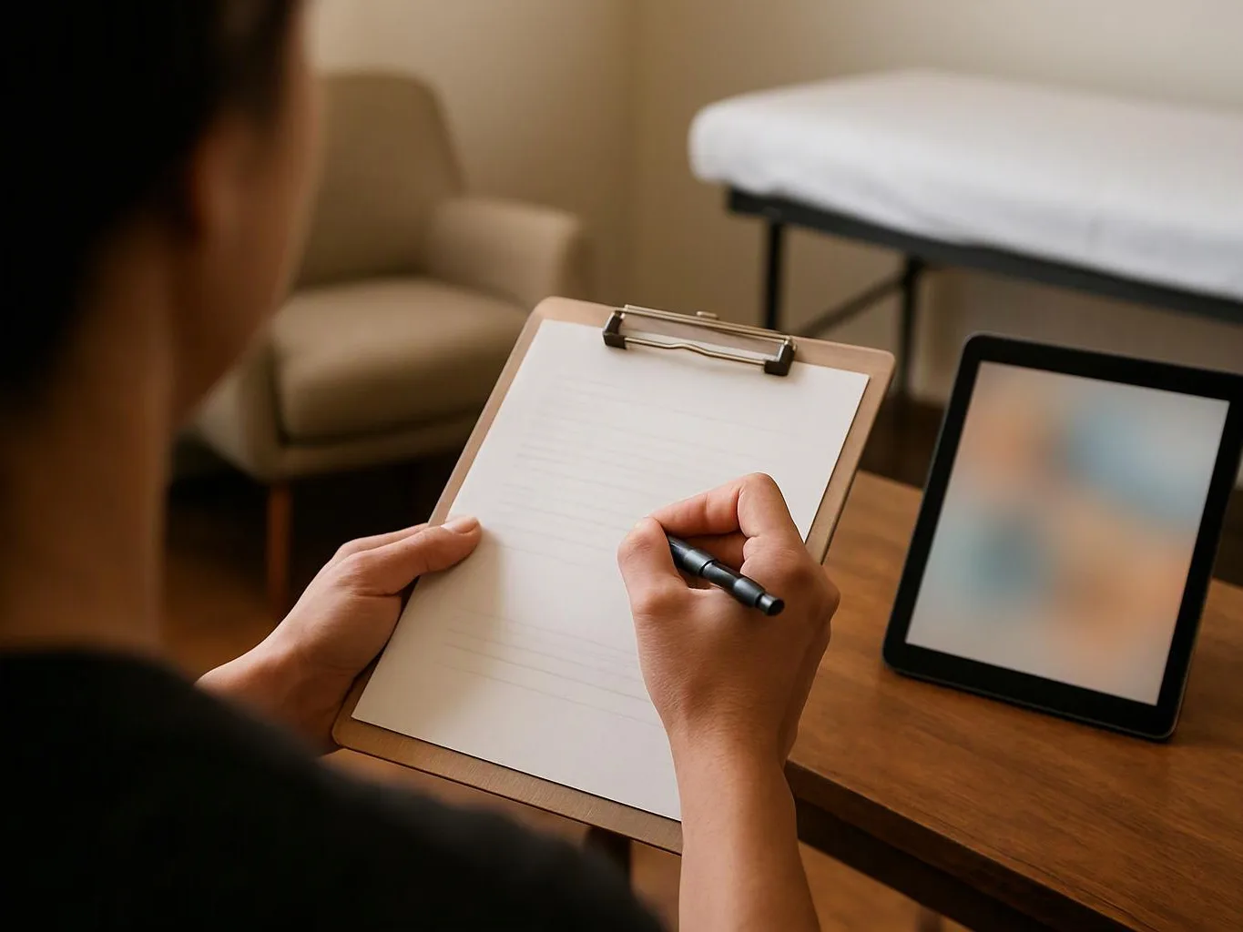 Person writes on a clipboard beside a tablet in a quiet exam room
