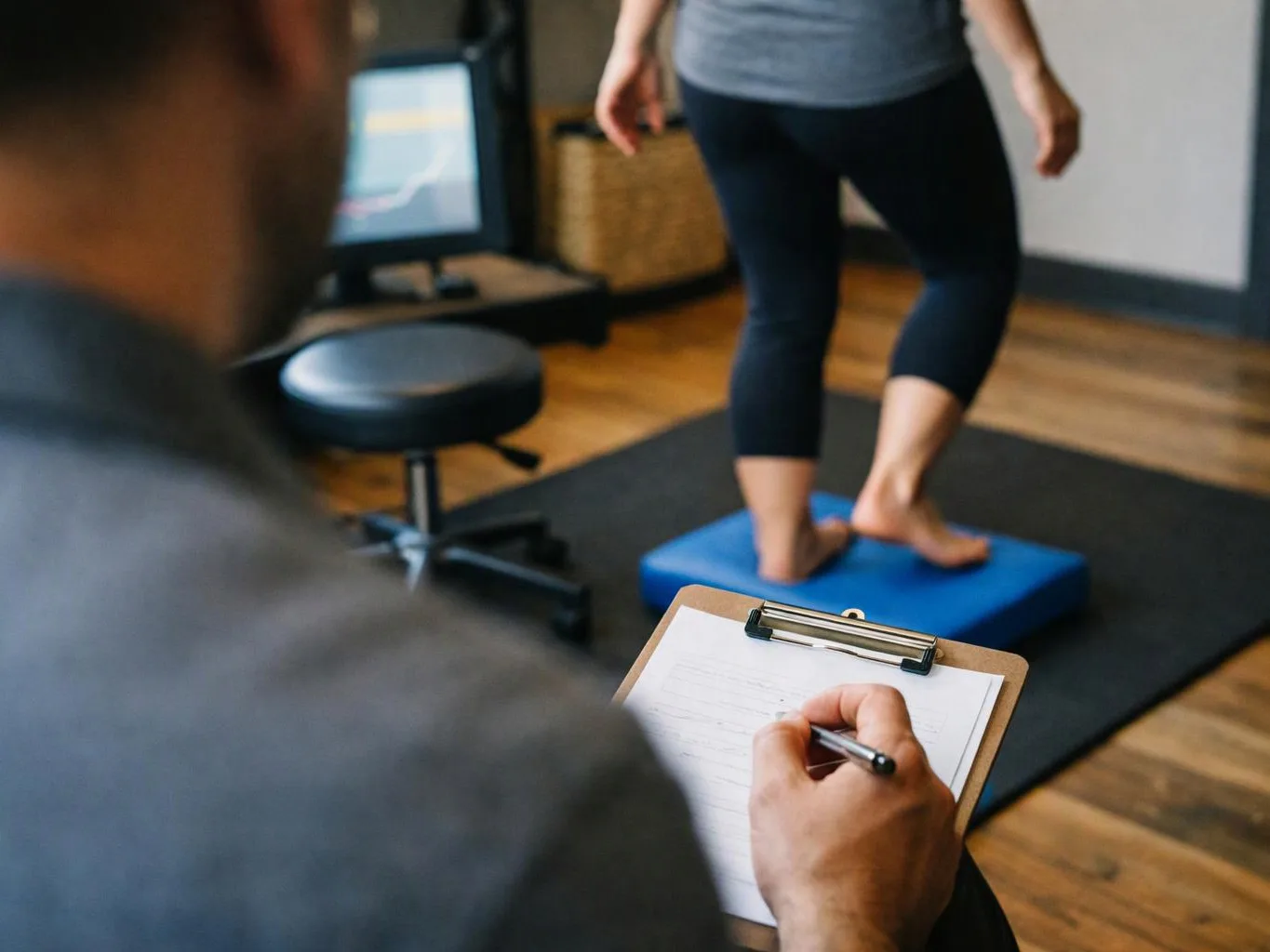 A person writes on a clipboard while another balances on a blue foam pad in a gym room