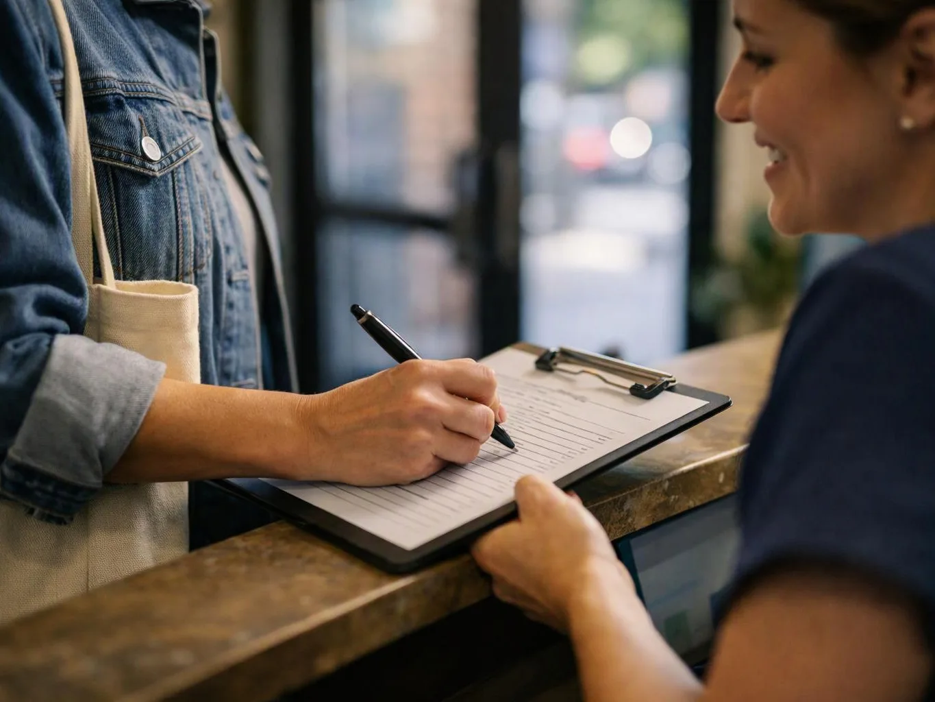 A person writes on a clipboard while standing at a counter, with a smiling staff member beside them