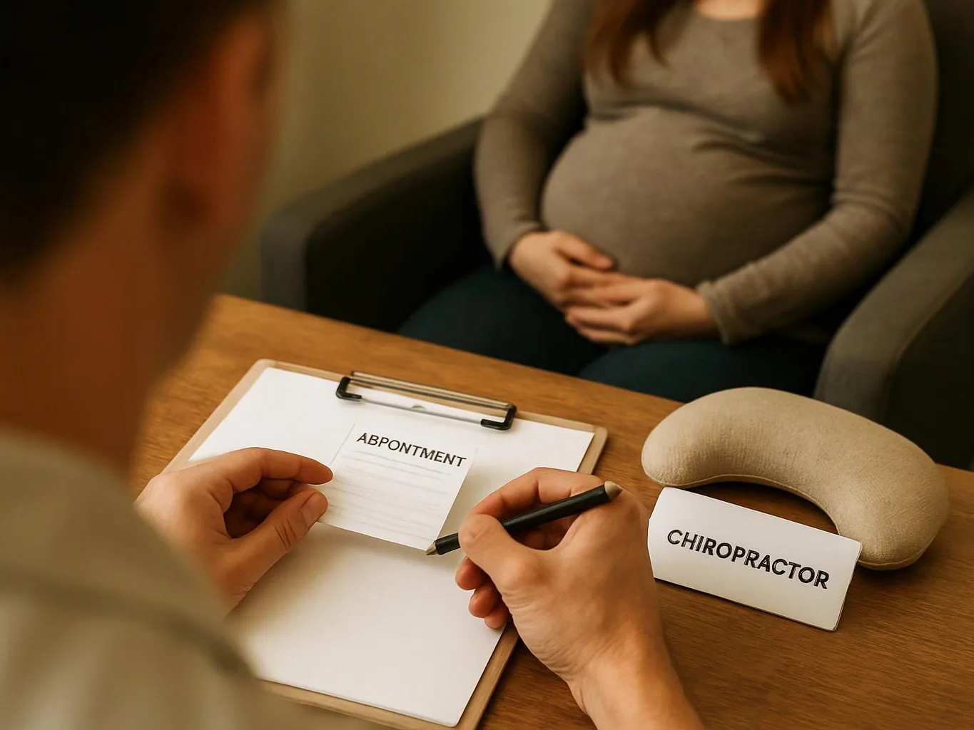 A pregnant woman sits across from a person filling out an appointment form at a desk