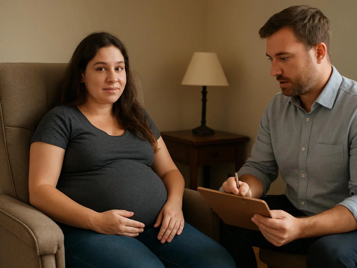 A pregnant woman sits in an armchair while a man takes notes beside her in a quiet room