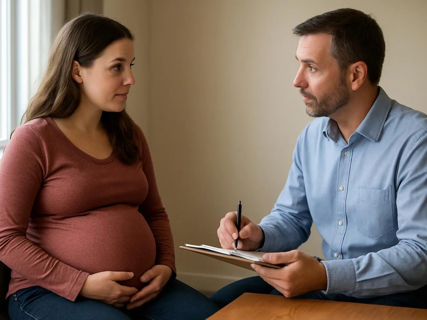 A pregnant woman sits facing a man who writes notes on a clipboard in a quiet room
