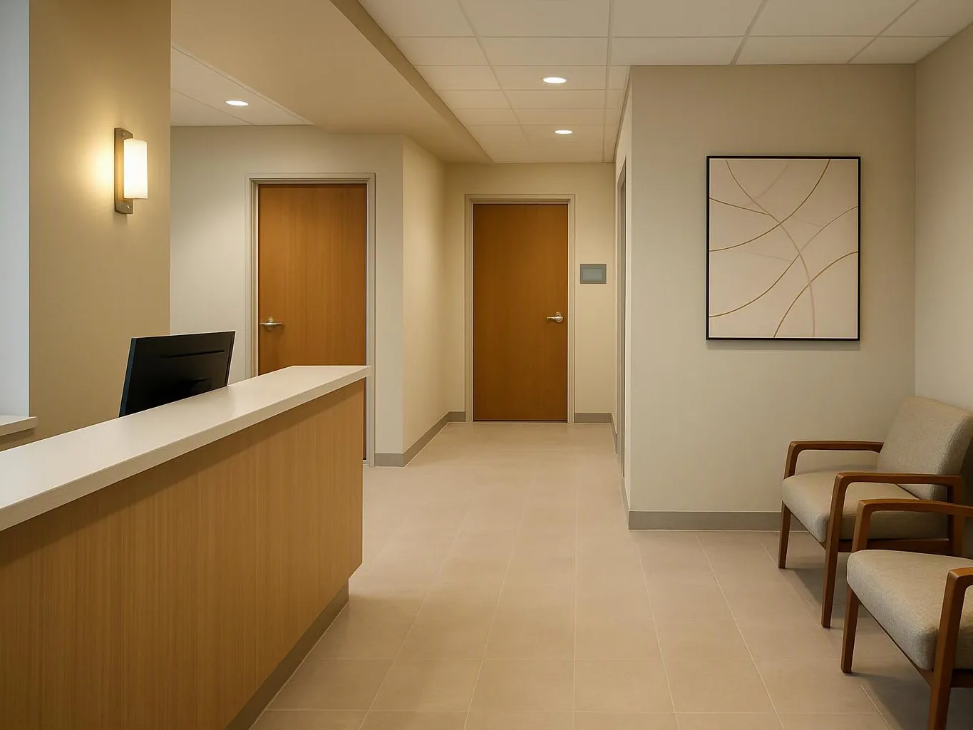 A quiet clinic waiting room shows a reception desk, two wooden doors, and beige chairs by abstract wall art
