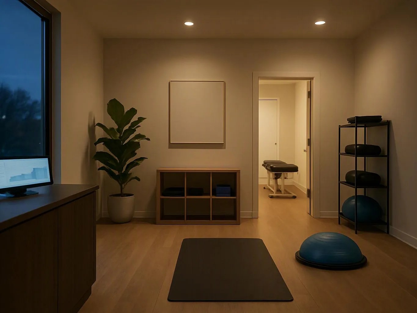A quiet exercise room holds a yoga mat, balance dome, plant, shelving, and a treatment table in the next room