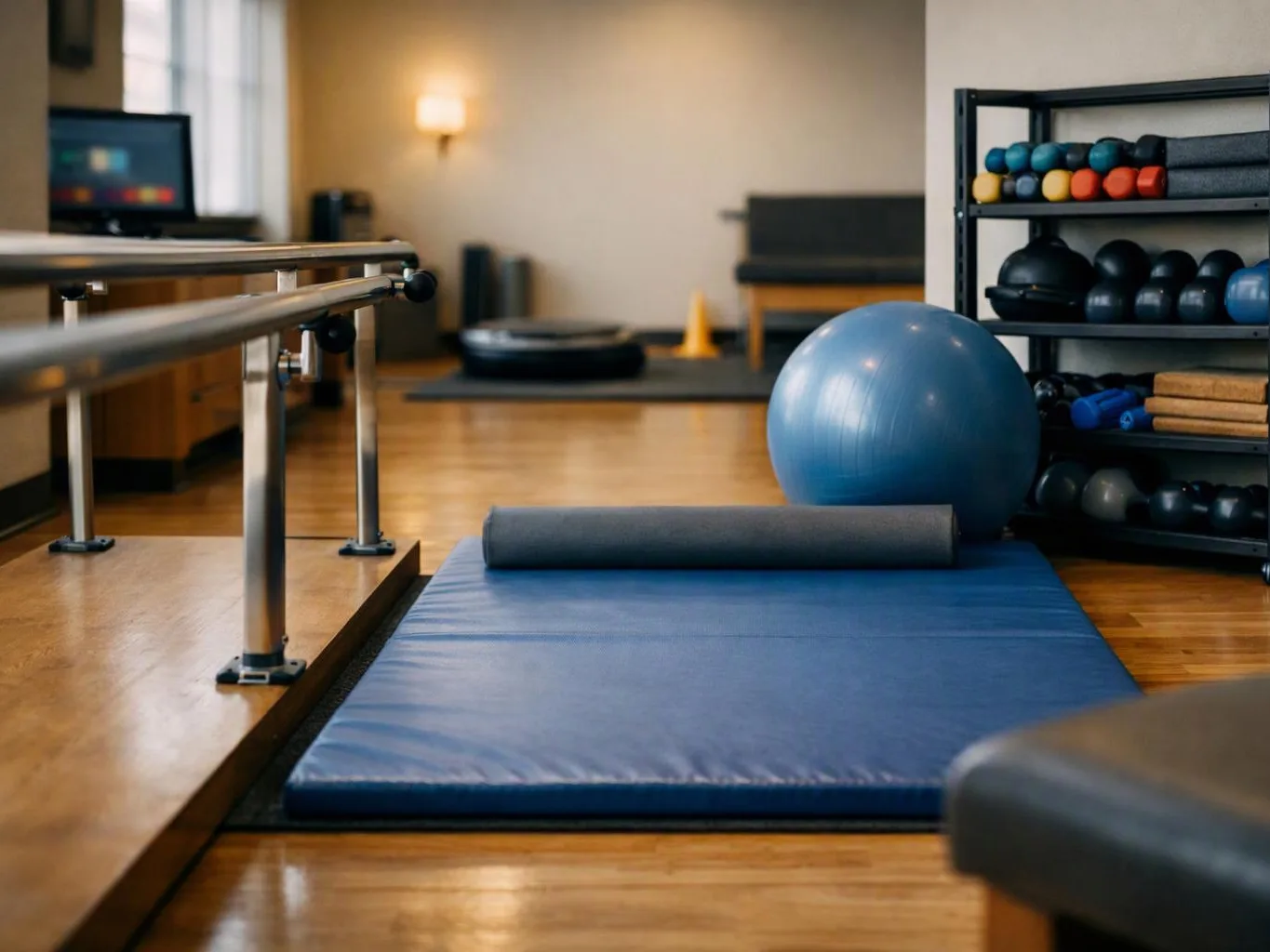 A quiet exercise room shows a blue mat, a large stability ball, and neatly stacked workout equipment
