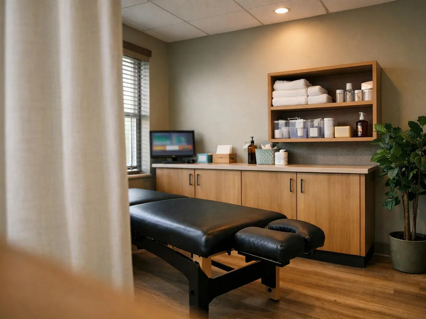 A quiet massage room has a black treatment table, wood cabinets, folded towels, and a potted plant