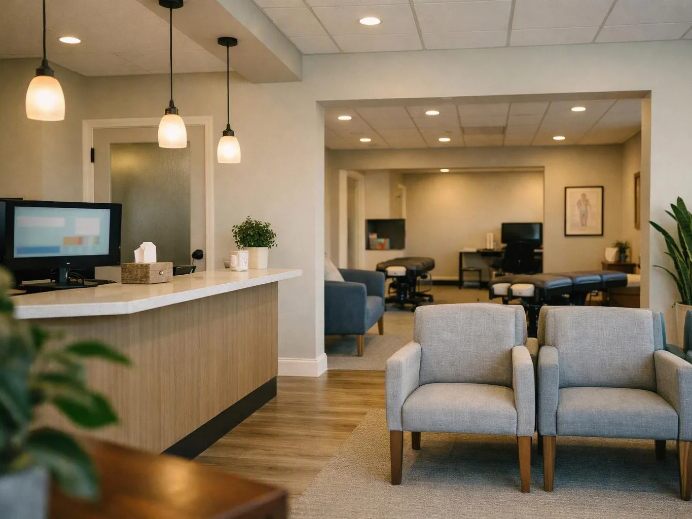 A quiet reception area shows a front desk, two gray chairs, and a treatment room beyond