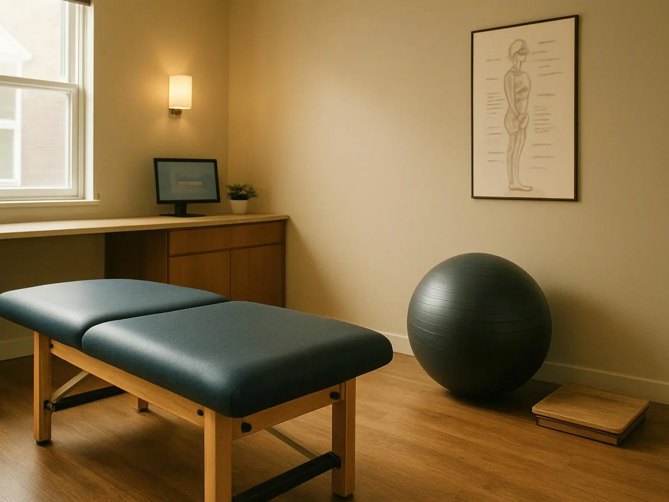 A quiet therapy room shows a padded table, exercise ball, wall chart, window, and desk with monitor