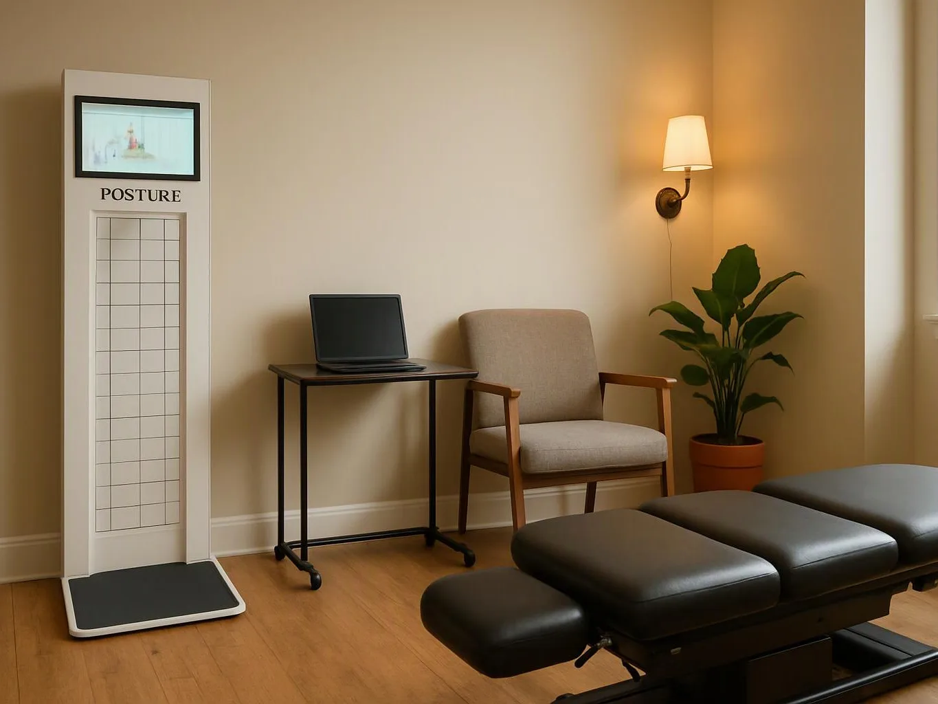 A quiet therapy room shows a posture chart, laptop table, chair, wall lamp, potted plant, and treatment table