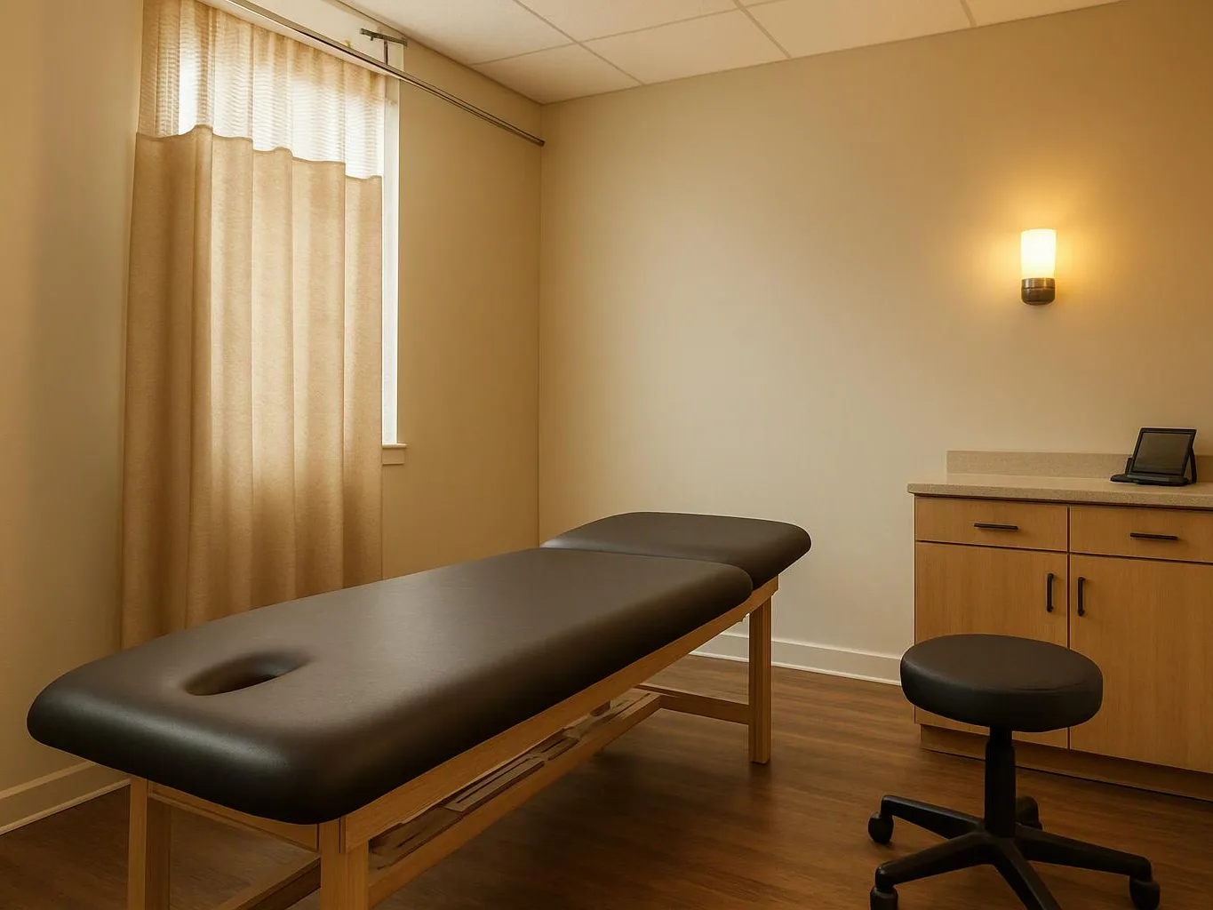 A quiet treatment room has a padded exam table, curtained window, wall light, cabinet, and rolling stool