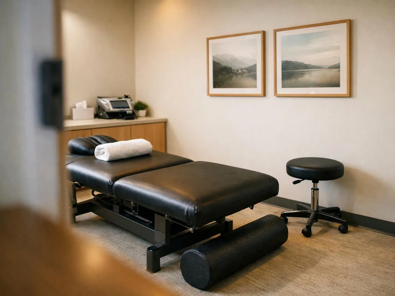 A quiet treatment room holds a black exam table, a stool, framed landscape prints, and cabinets with equipment