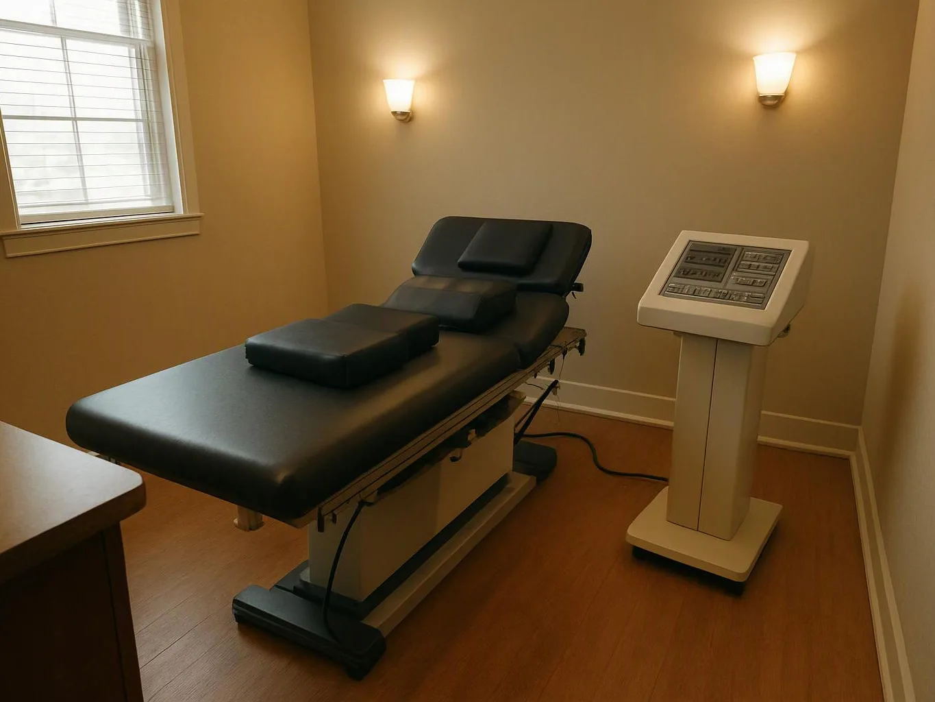 A quiet treatment room shows a black exam table beside a control stand and wall lights