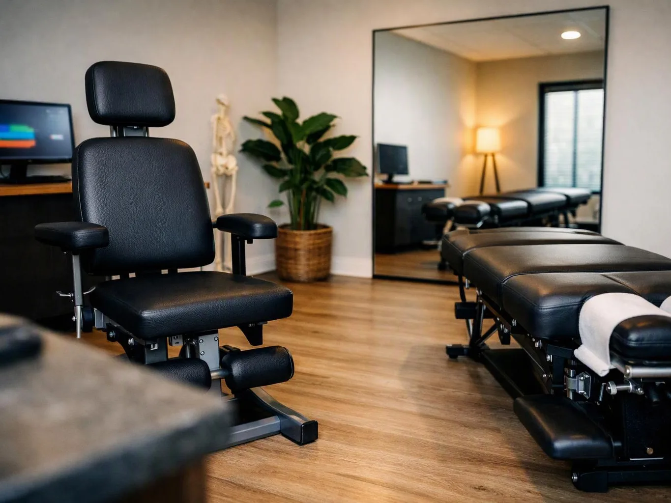 A quiet treatment room shows black padded chairs, a massage table, a mirror, a plant, and warm lamp light