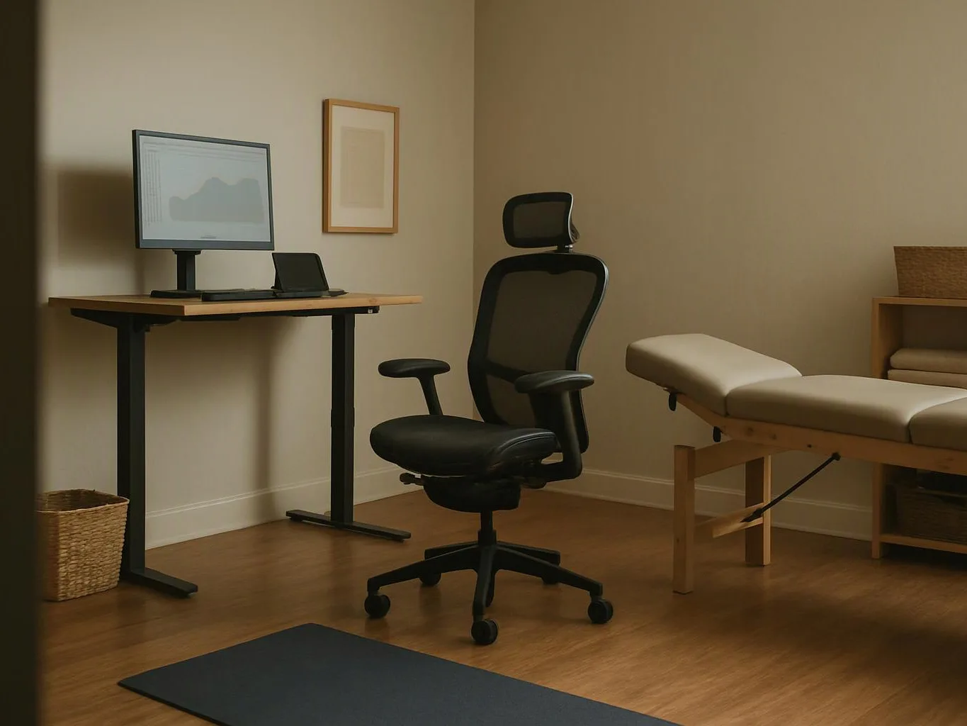 A quiet treatment room shows a desk with monitor, an office chair, and a padded exam table