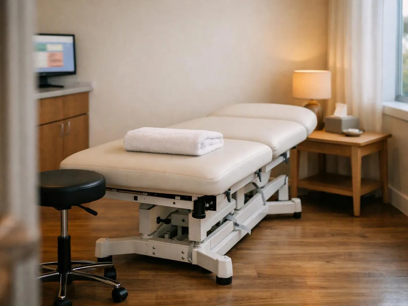 A quiet treatment room shows a padded exam table, stool, lamp, and small cabinet beside a window