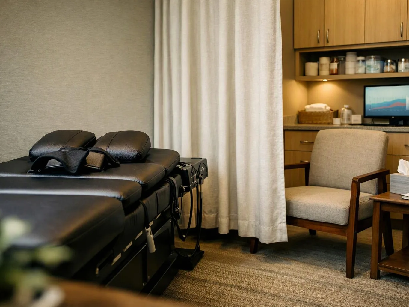 A quiet treatment room shows a padded massage table beside a cushioned chair and cabinets