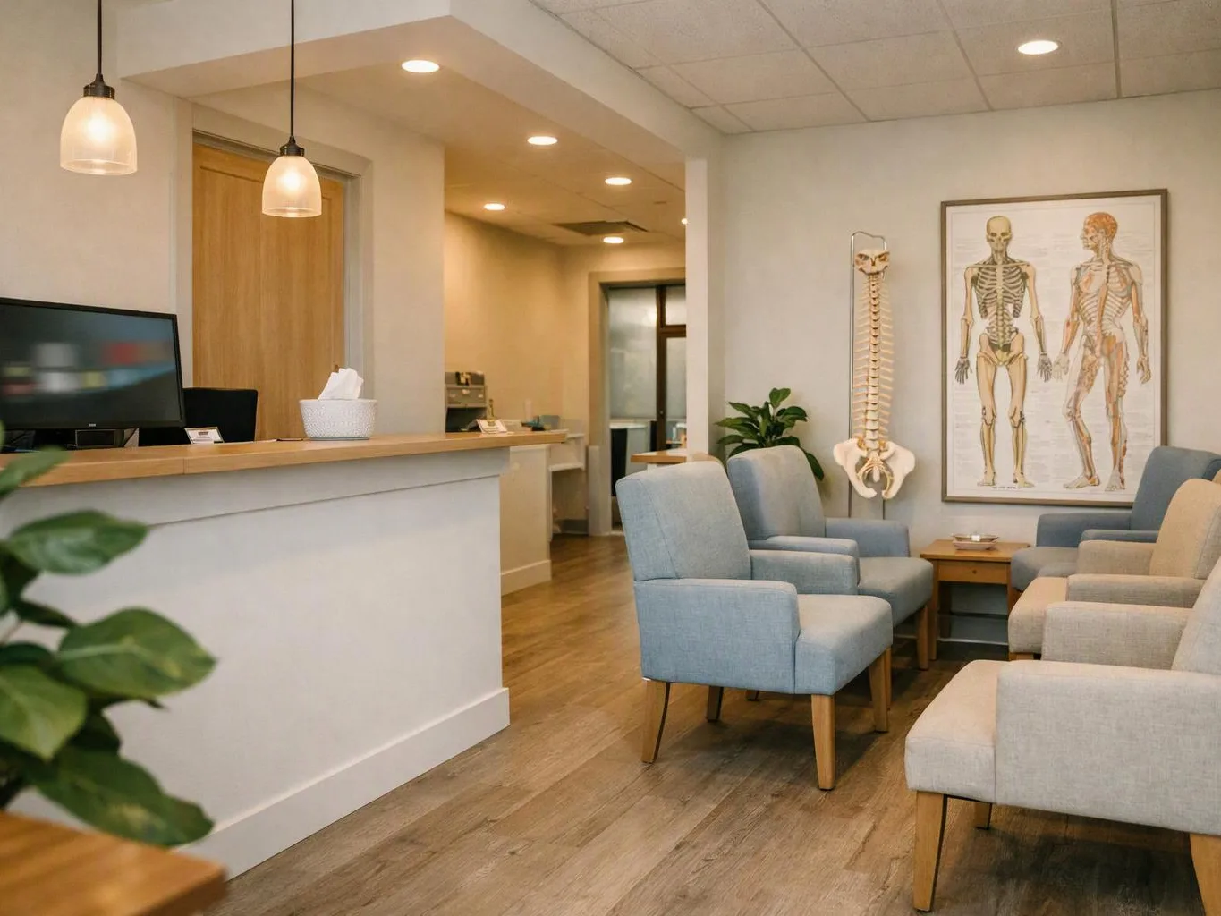 A quiet waiting room with blue chairs, a front desk, and anatomy posters on the wall
