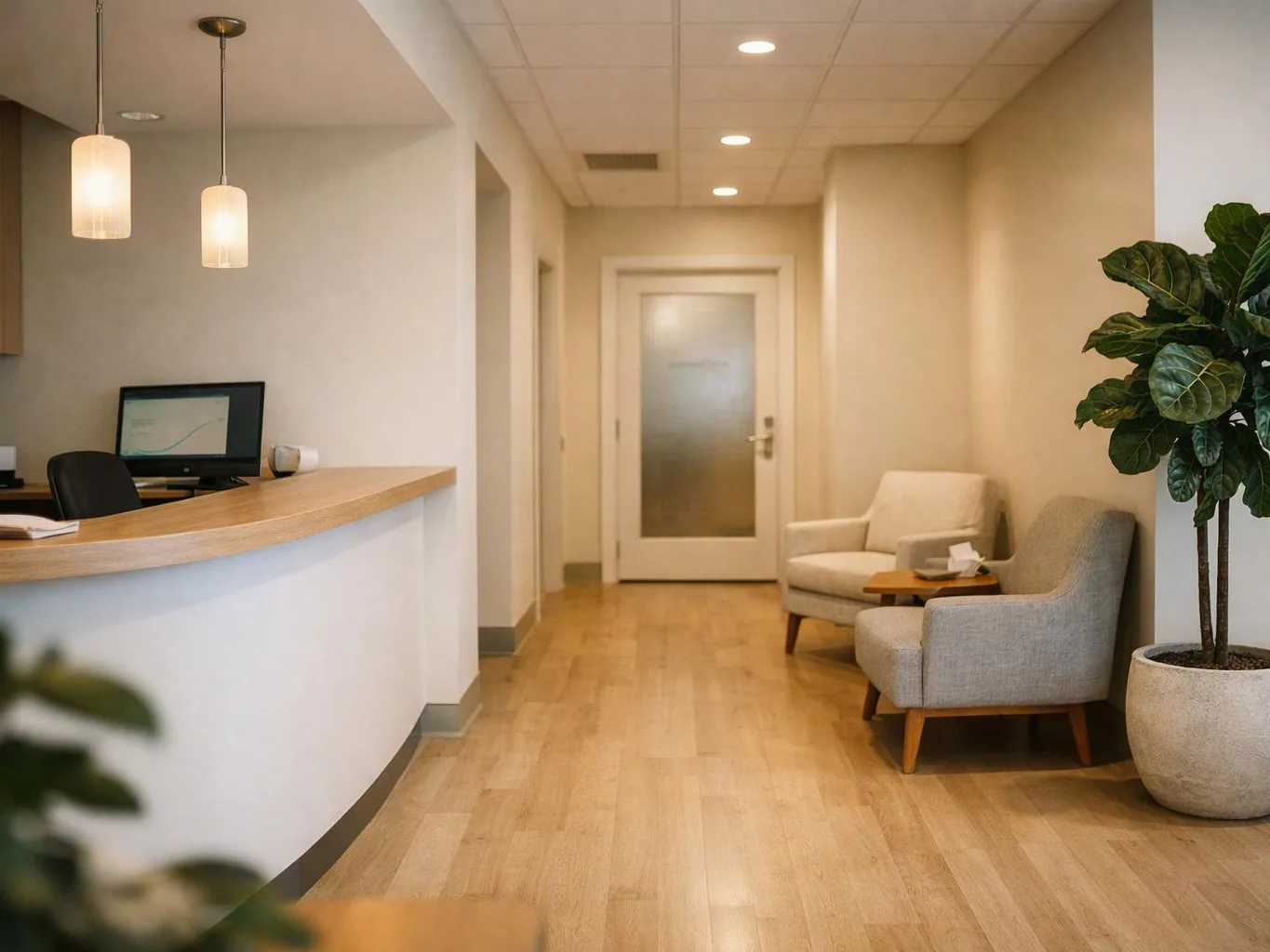 A quiet waiting room shows a curved reception desk, two armchairs, a frosted door, and a potted plant