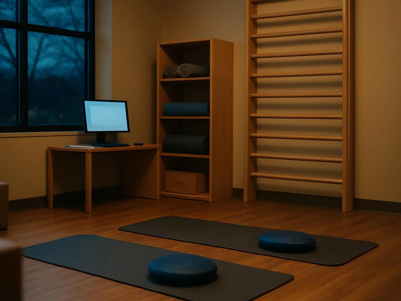 A quiet yoga studio holds two mats, round cushions, a computer desk, shelves, and wall bars near a window