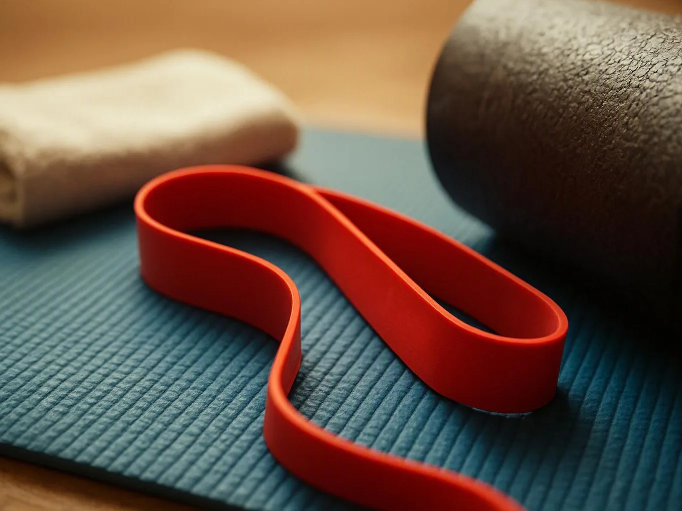 A red exercise band lies on a blue yoga mat beside a rolled towel and a black foam roller