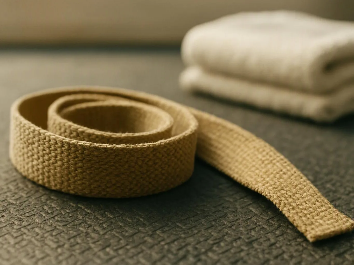 A rolled tan yoga strap lies on a textured floor beside folded white towels
