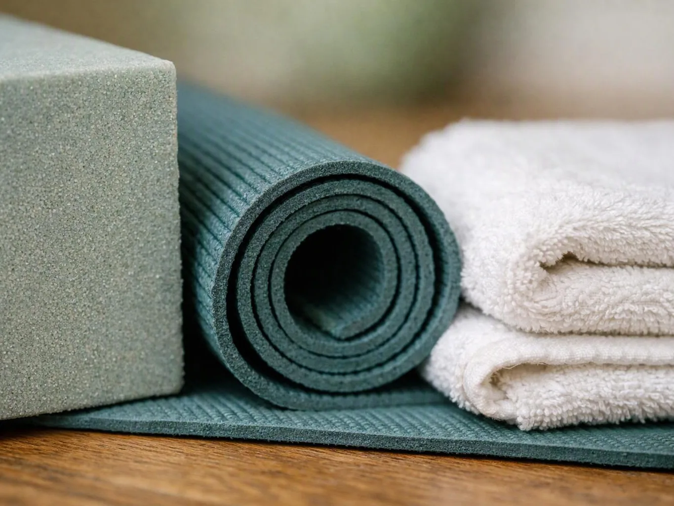 A rolled teal yoga mat sits beside a foam block and folded white towels on a wooden floor