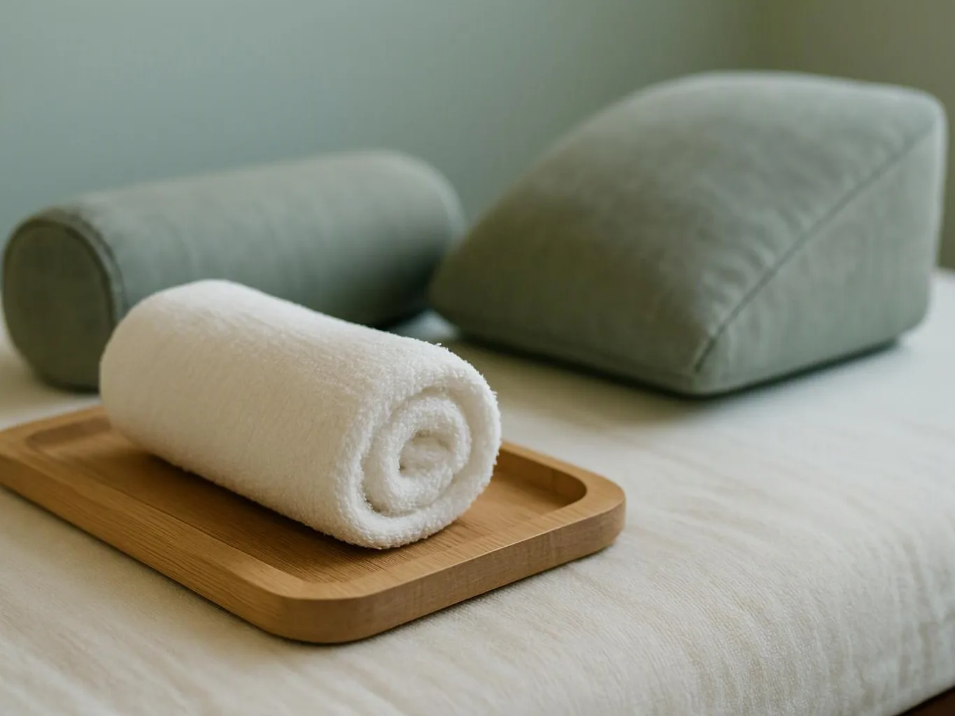A rolled white towel rests on a wooden tray beside two gray bolster cushions on a bed
