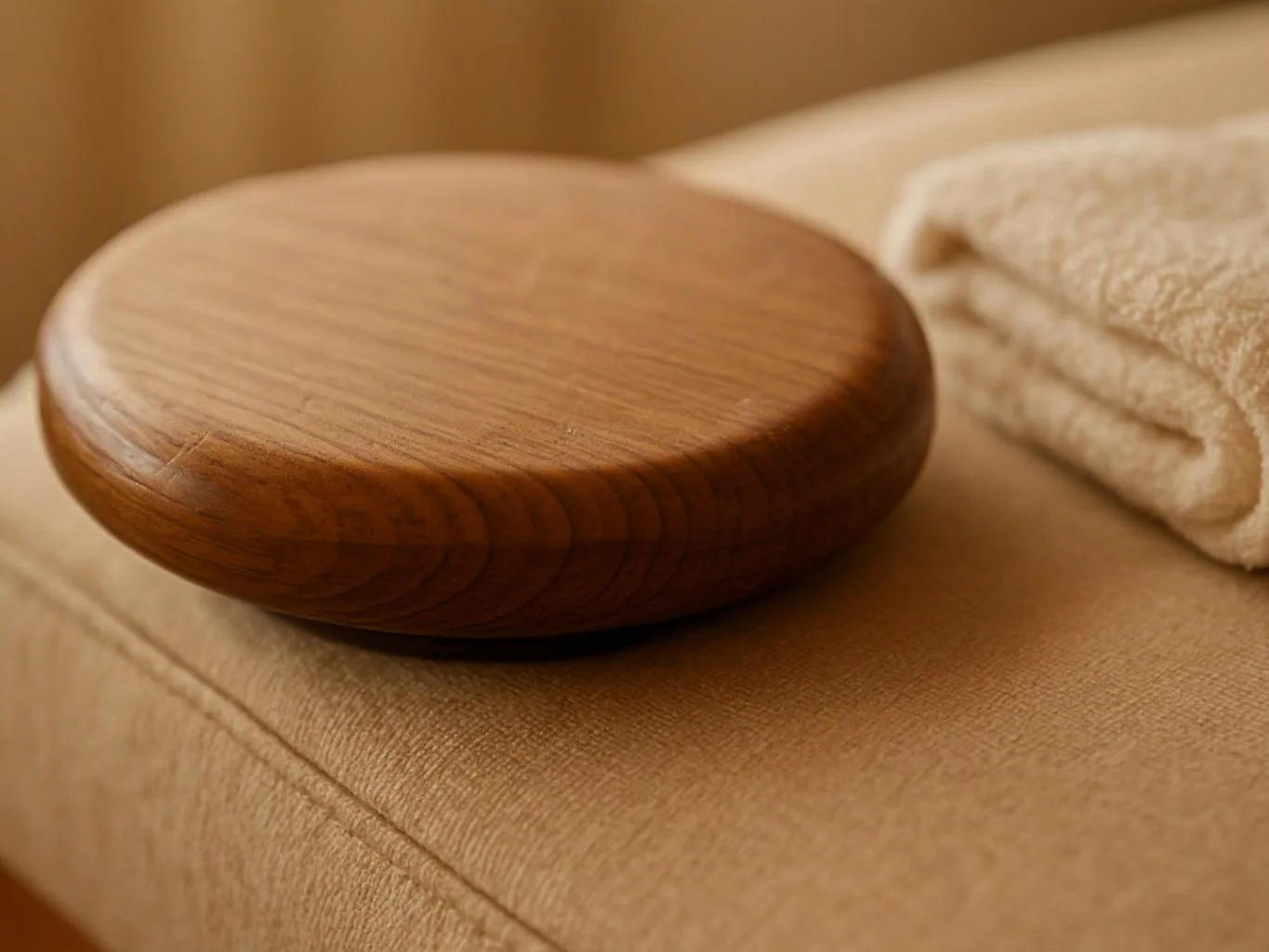 A round wooden massage stone rests on a beige towel beside a folded cloth