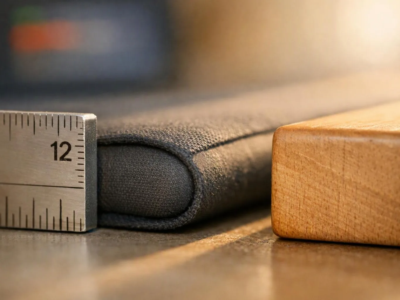 A ruler measures a dark fabric cushion beside a wooden block on a table