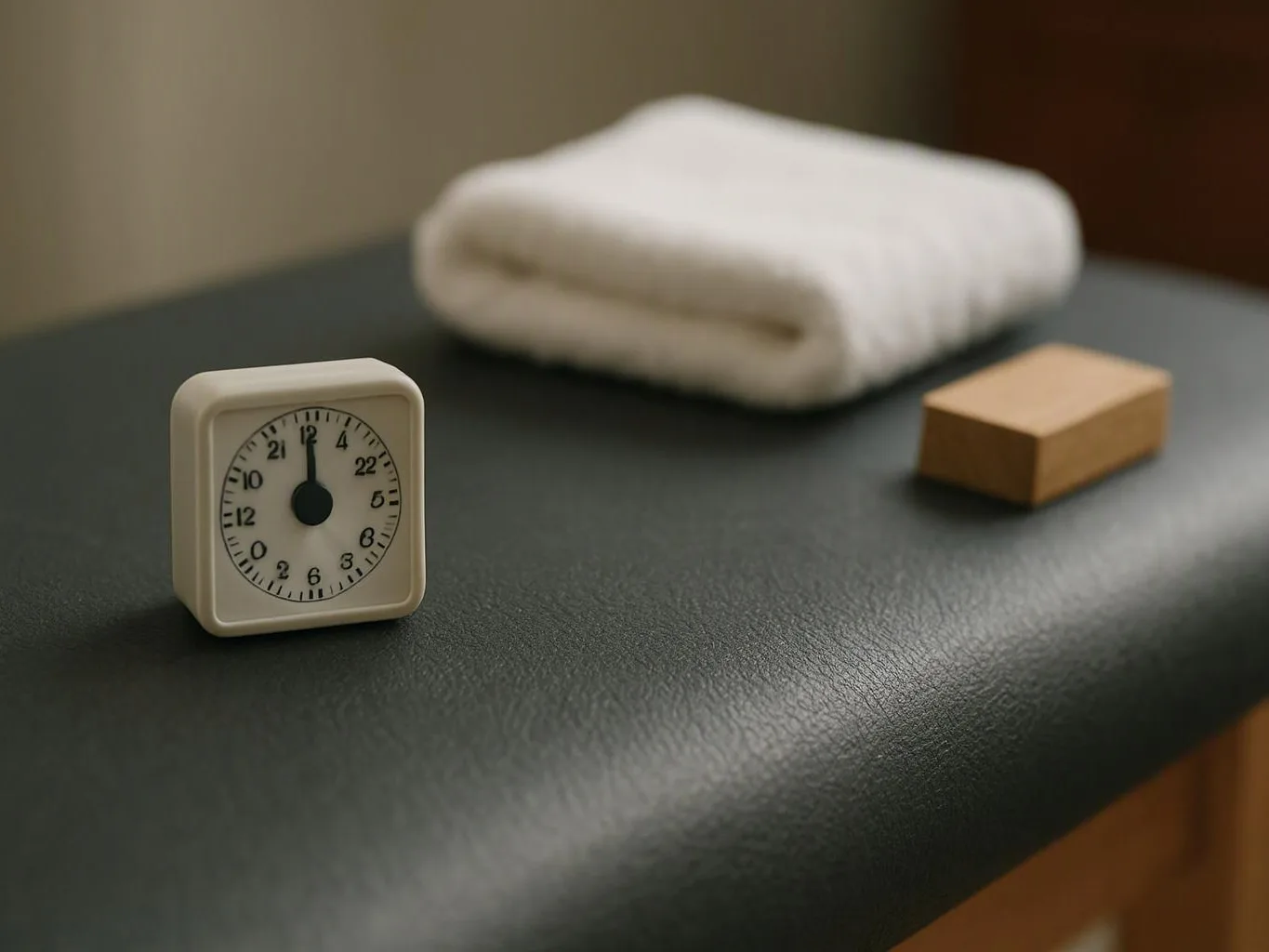 A small clock, folded white towel, and wooden block sit on a dark padded surface