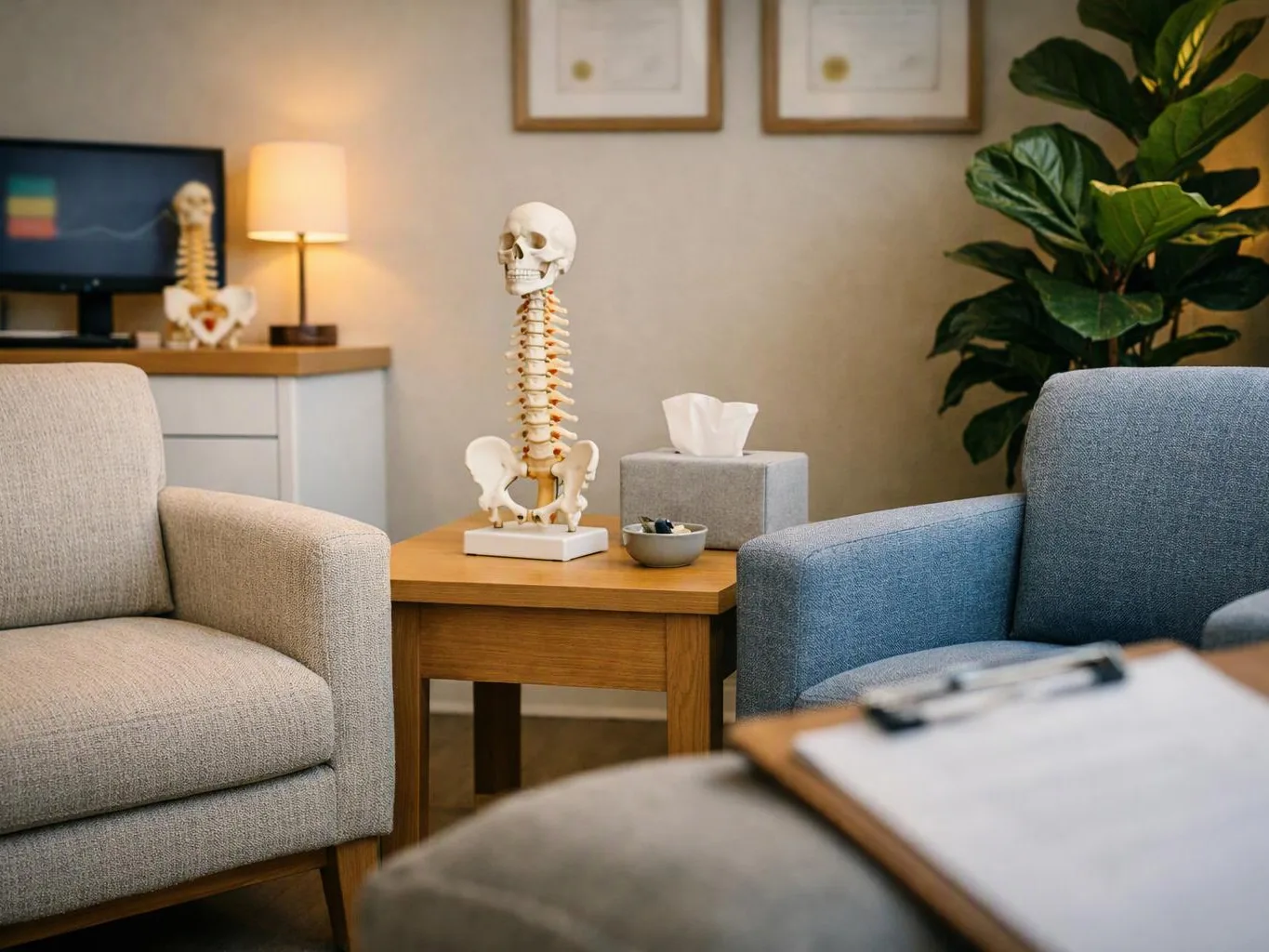 A small office waiting room shows a skeleton model on a side table between two armchairs