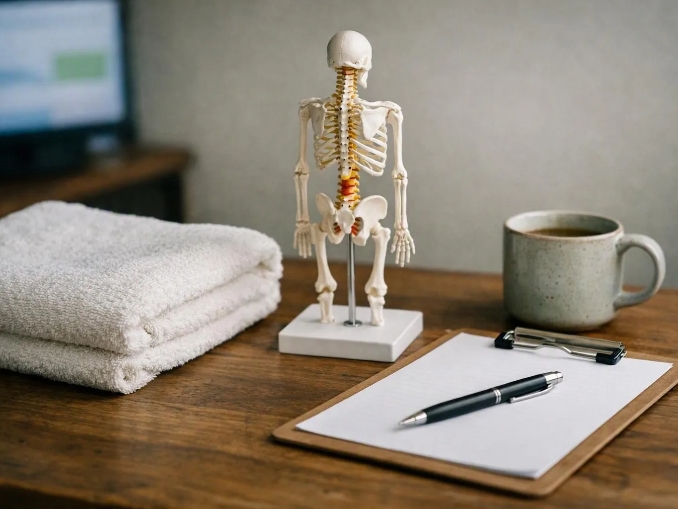 A small skeleton model stands on a wooden desk beside folded towels, a mug, and a clipboard with a pen