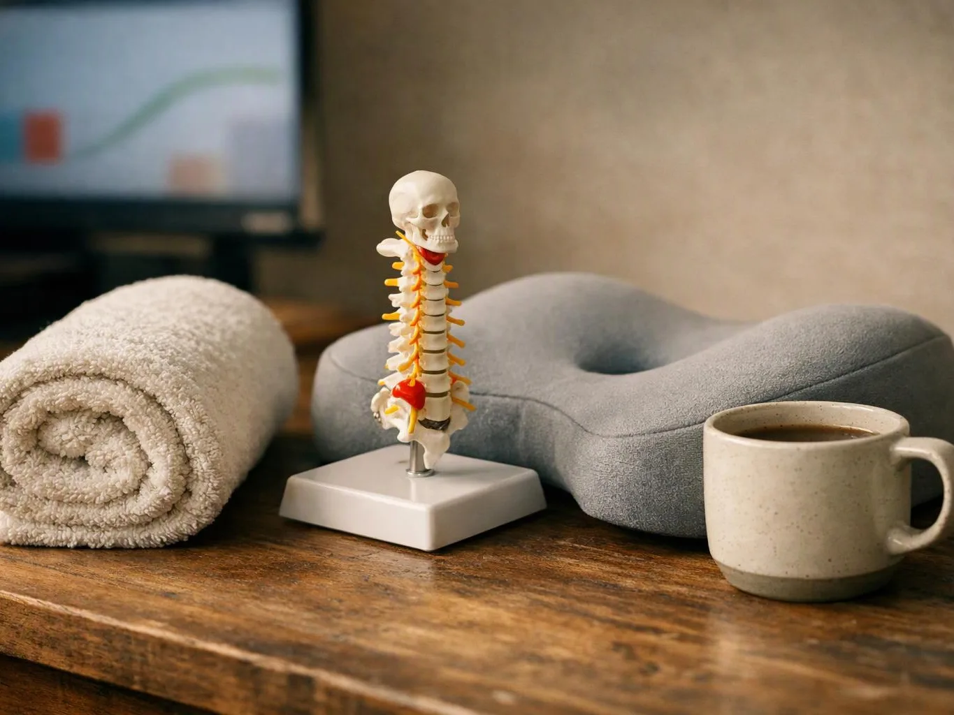 A small spine model stands between a rolled towel, a gray cushion, and a coffee cup on a wooden table