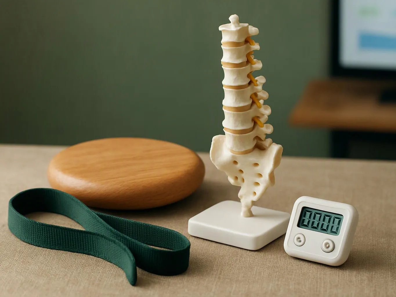 A small spine model, wooden cushion, green strap, and digital timer sit on a table in a clinic-like room