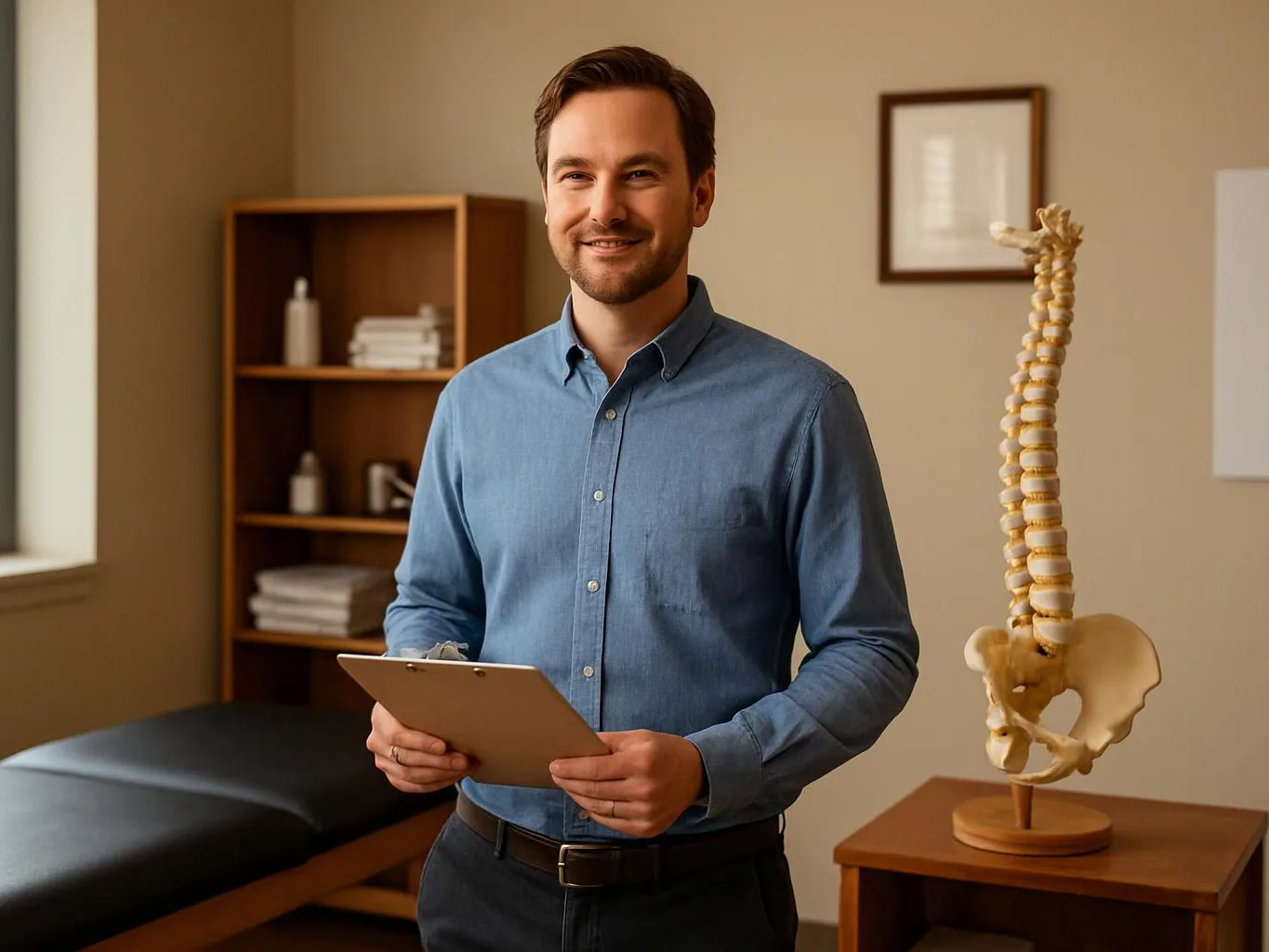 A smiling man in a blue shirt holds a clipboard in a clinic room beside a spine model