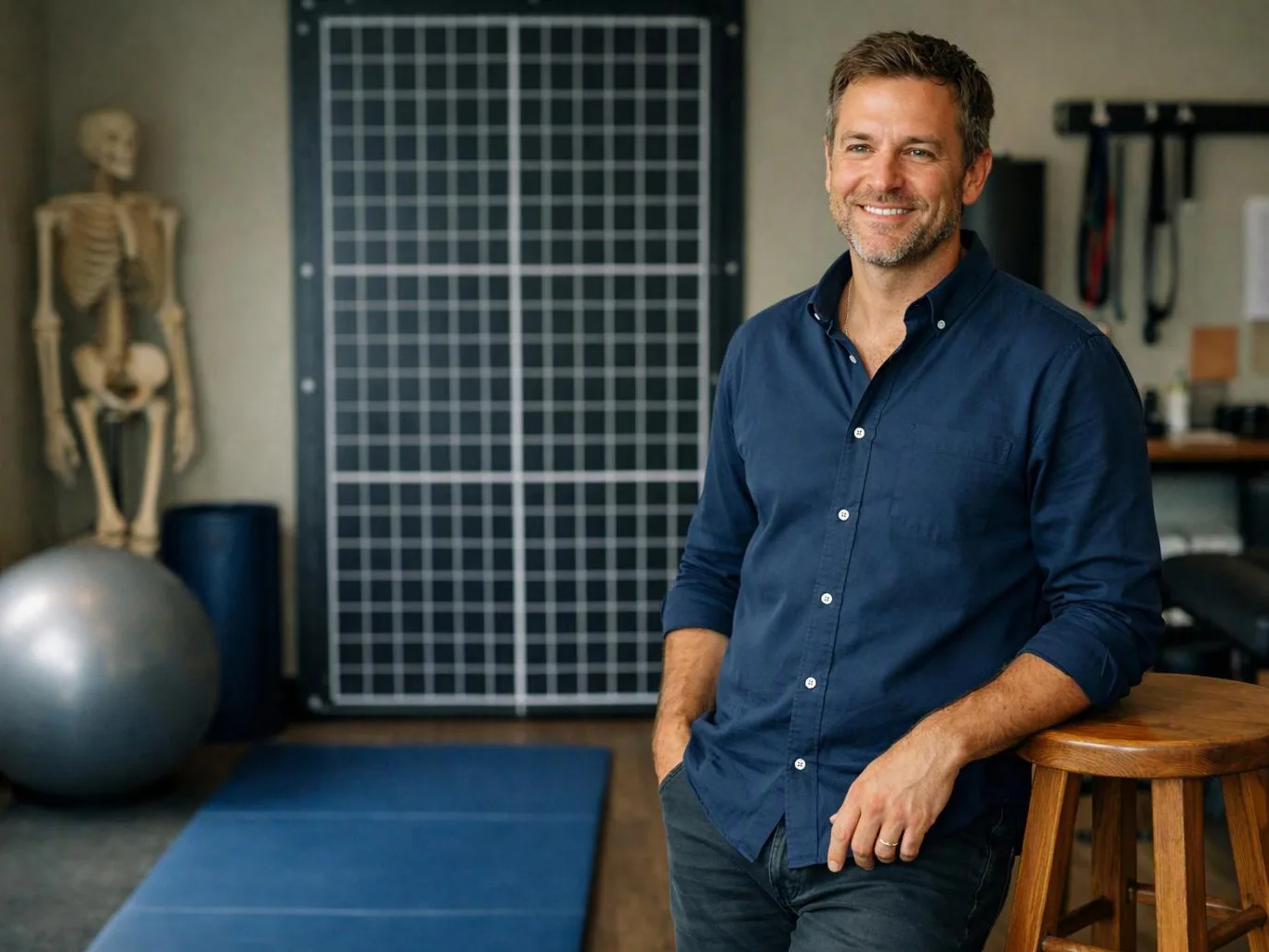 A smiling man in a blue shirt leans on a wooden stool inside a fitness studio with exercise equipment