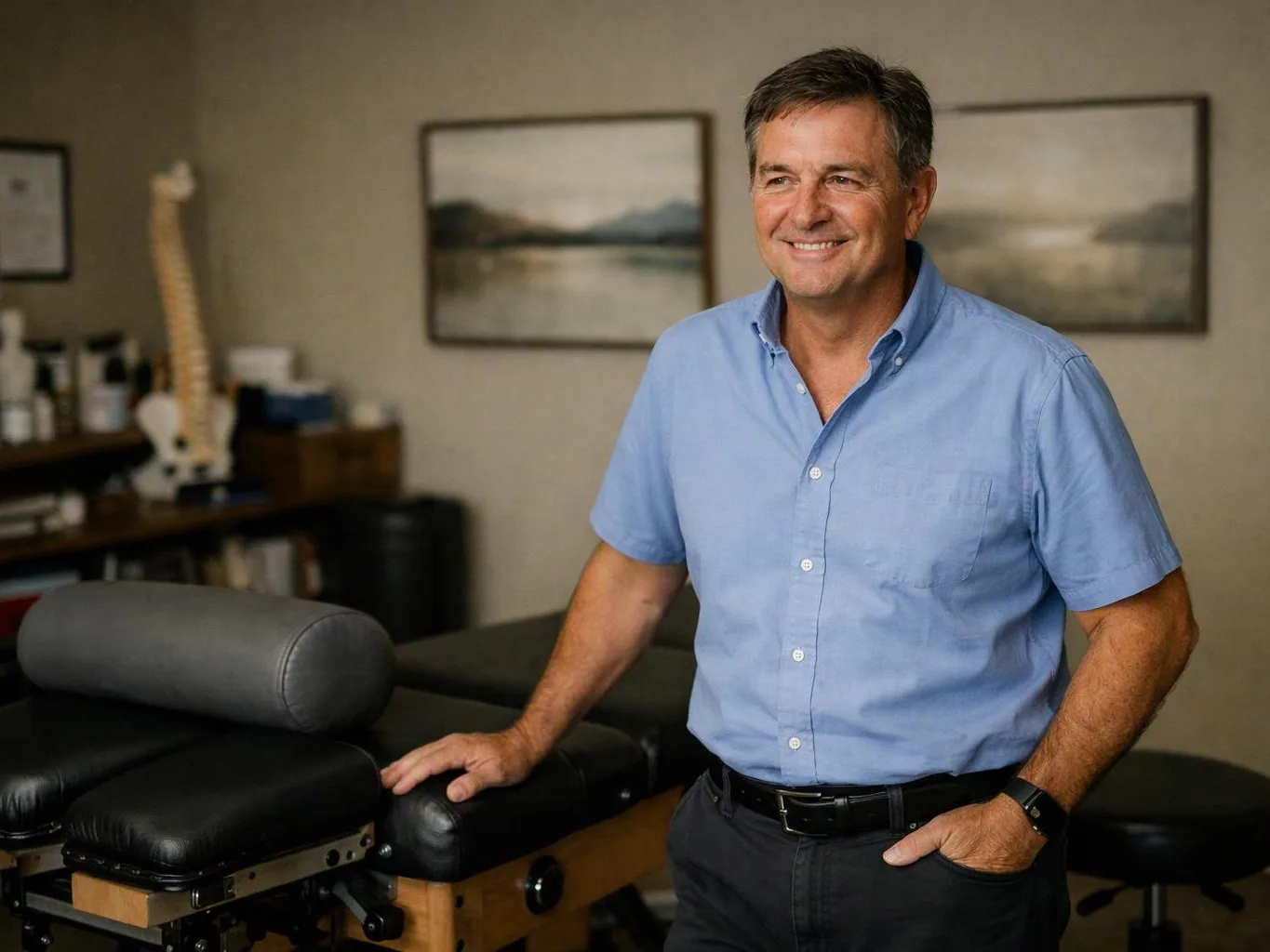 A smiling man in a blue shirt stands beside a massage table in a quiet clinic room