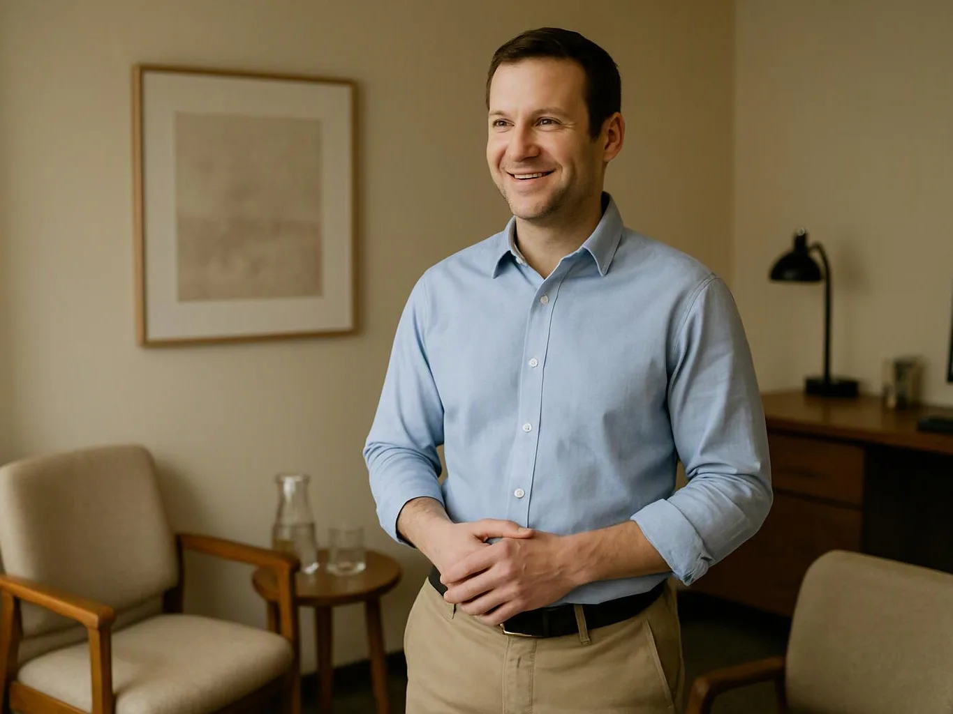 A smiling man in a blue shirt stands in a tidy room with chairs, a table, and a desk lamp