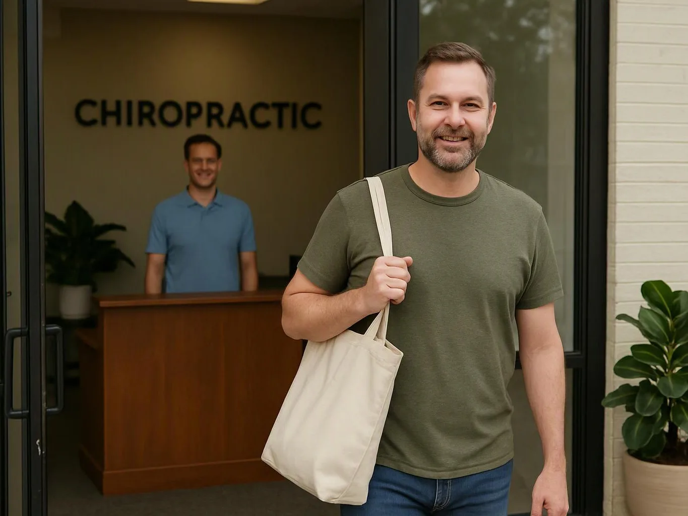 A smiling man carries a canvas tote outside a chiropractic office entrance
