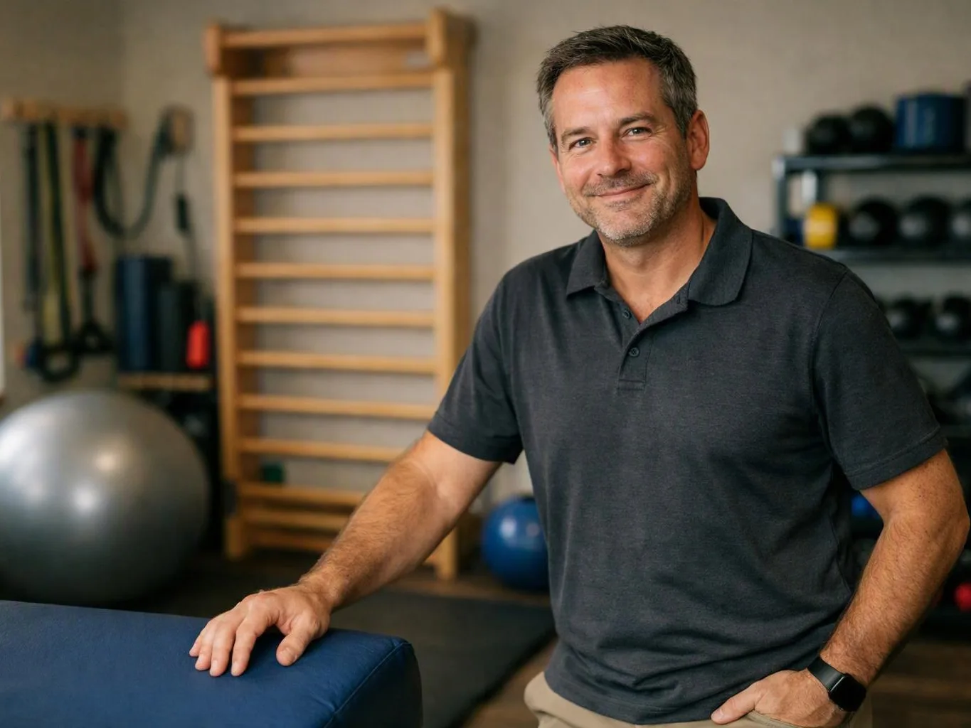 A smiling man in a dark polo stands in a gym beside a blue exercise bench