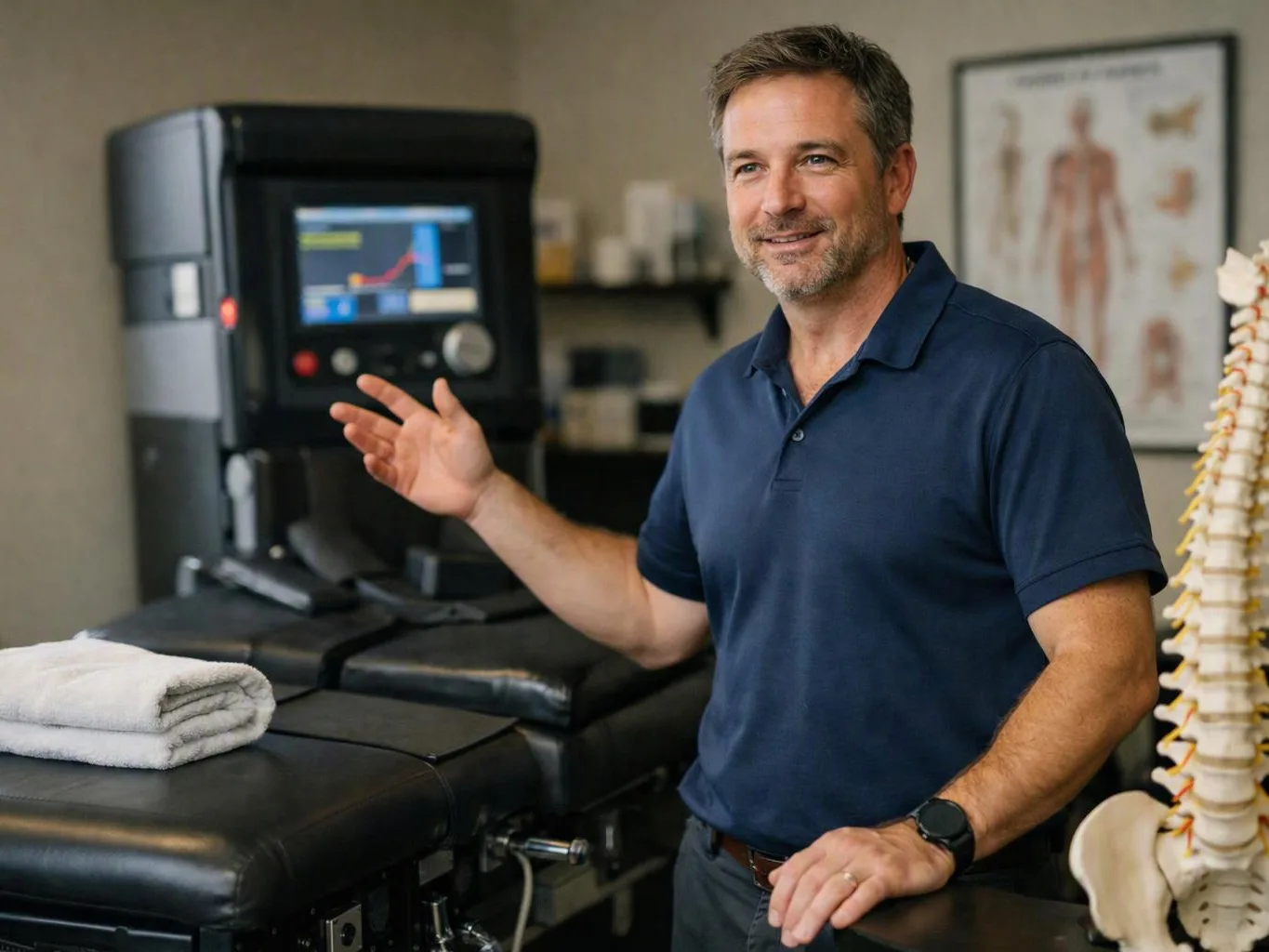 A smiling man gestures beside a chiropractic table and spine model in a treatment room