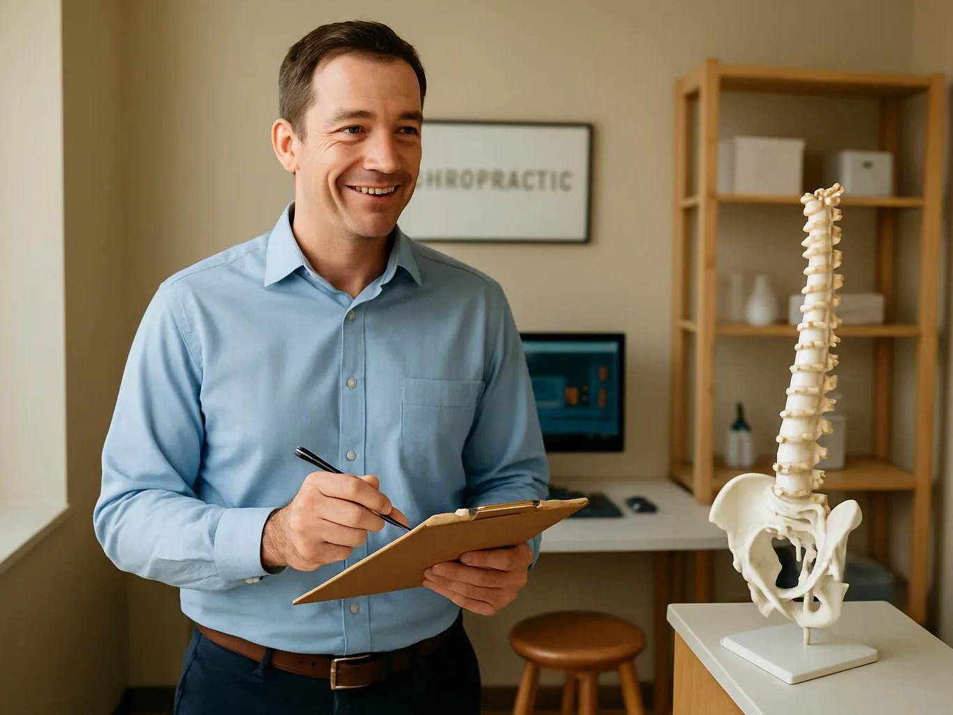 A smiling man holds a clipboard beside a spine model in a bright office room
