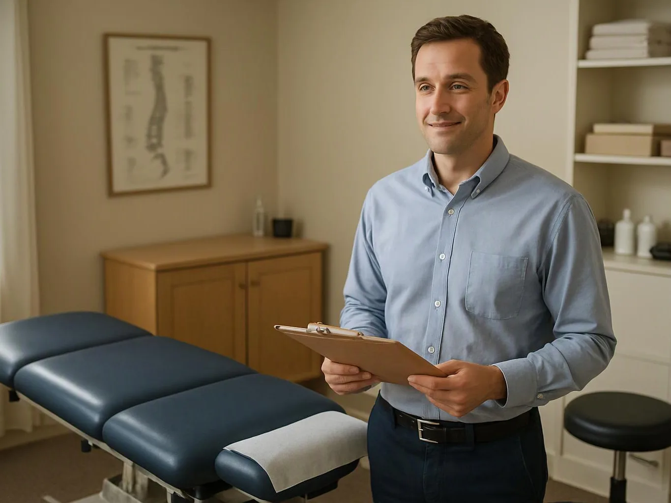 A smiling man holds a clipboard in a tidy exam room beside a padded treatment table