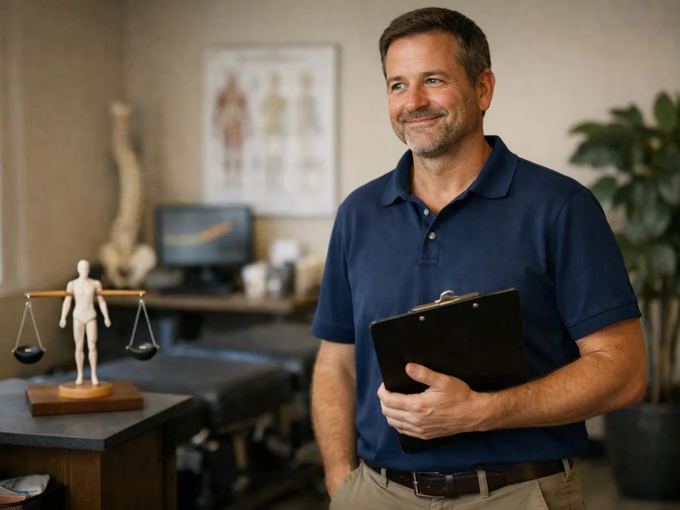 A smiling man in a navy polo holds a clipboard in a treatment room with a balance scale model and anatomy poster