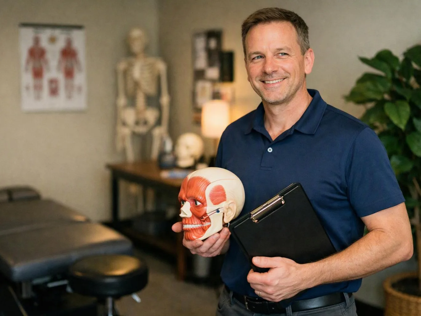 A smiling man in a navy polo holds a skull model and a clipboard in a clinic room