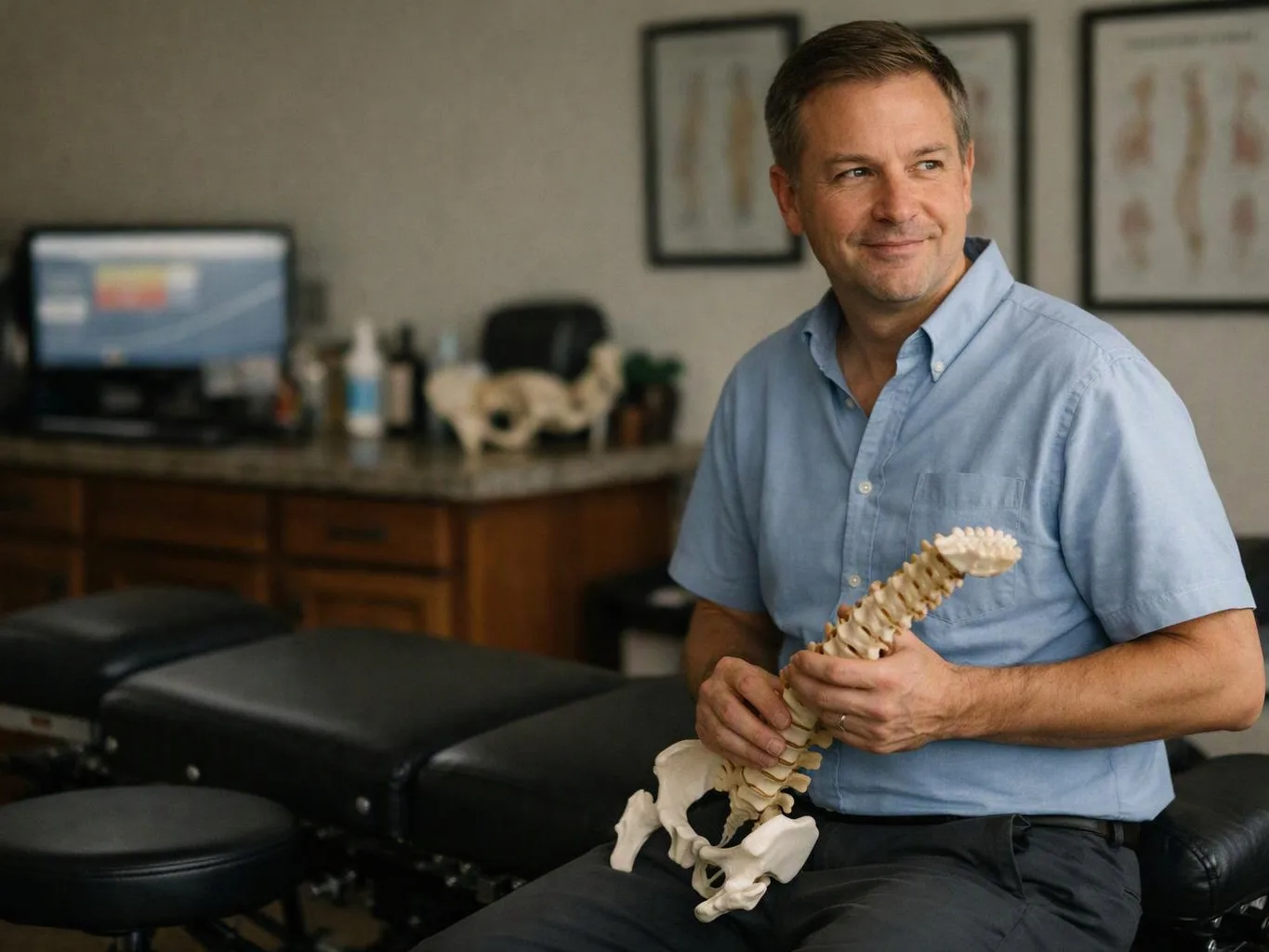 A smiling man sits on a treatment table, holding a model spine in a clinic room
