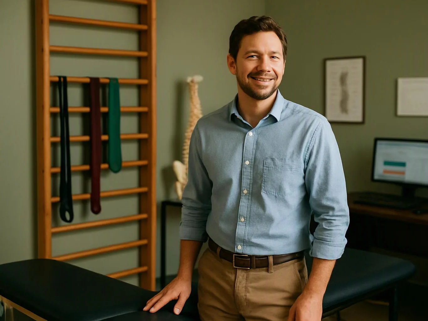 A smiling man stands beside a treatment table in a therapy room with exercise bars and a computer monitor