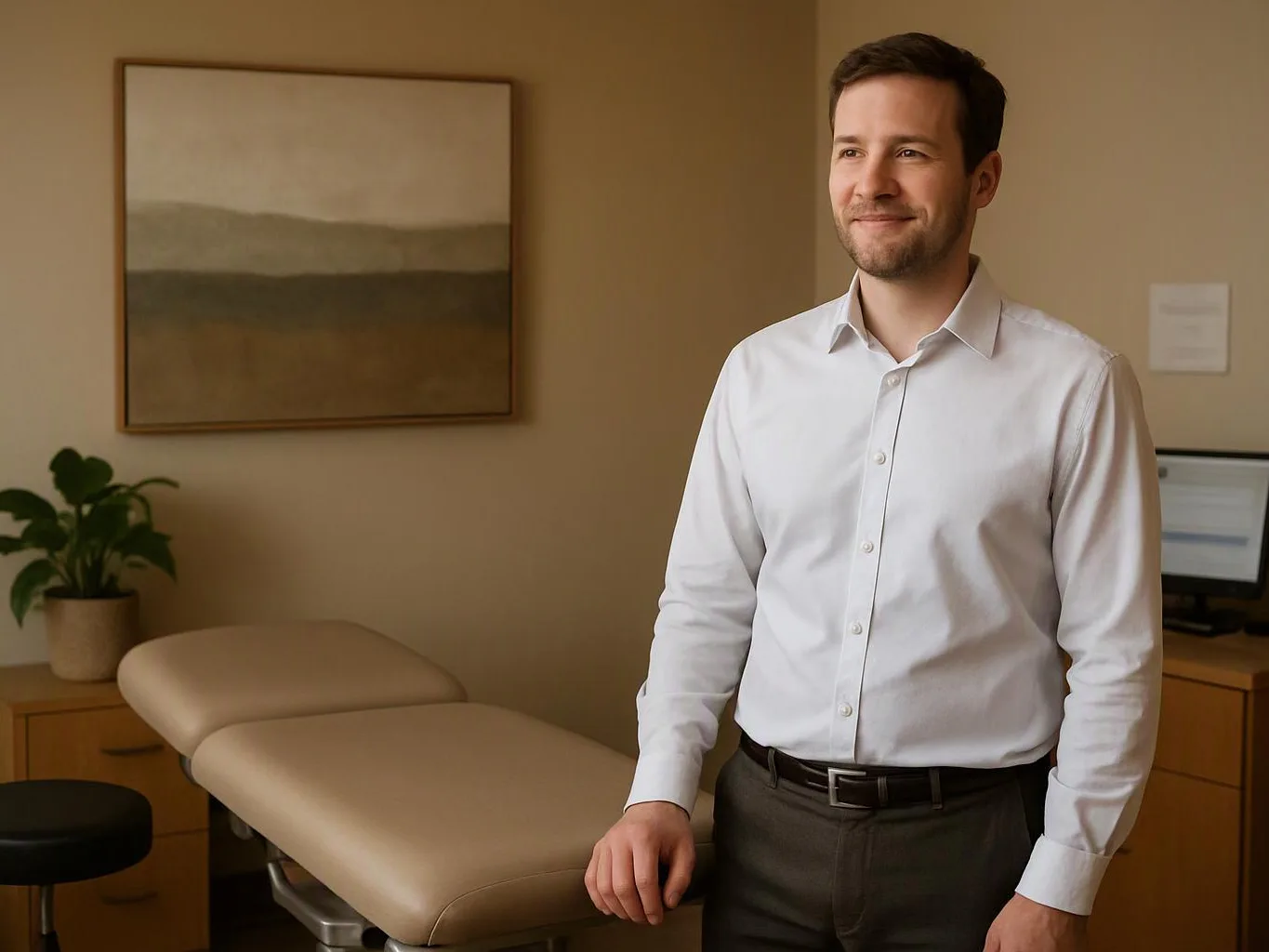 A smiling man in a white shirt stands beside a treatment table in a calm office room