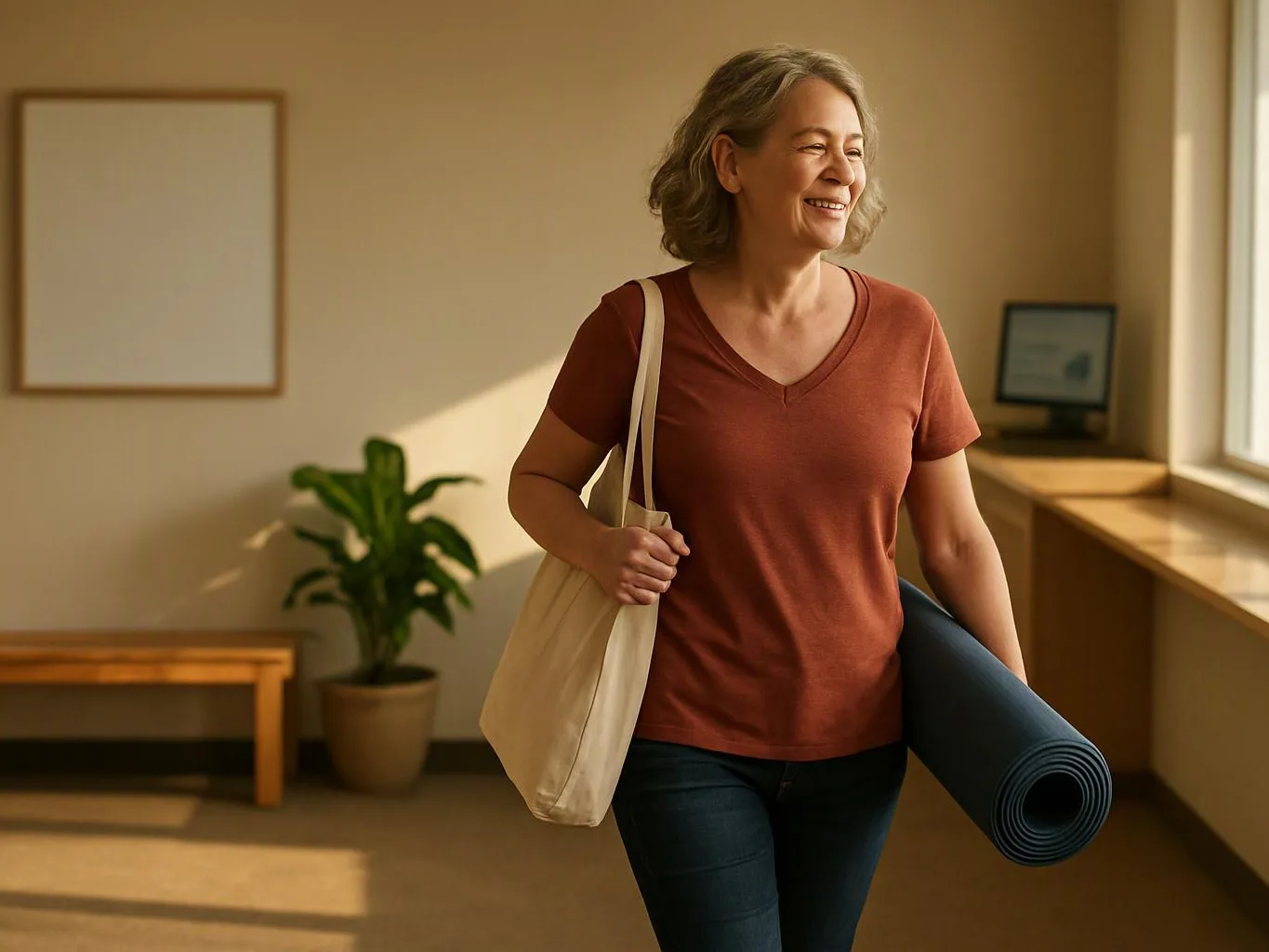 A smiling woman carries a tote bag and rolled mat through a bright room with a bench, plant, and window