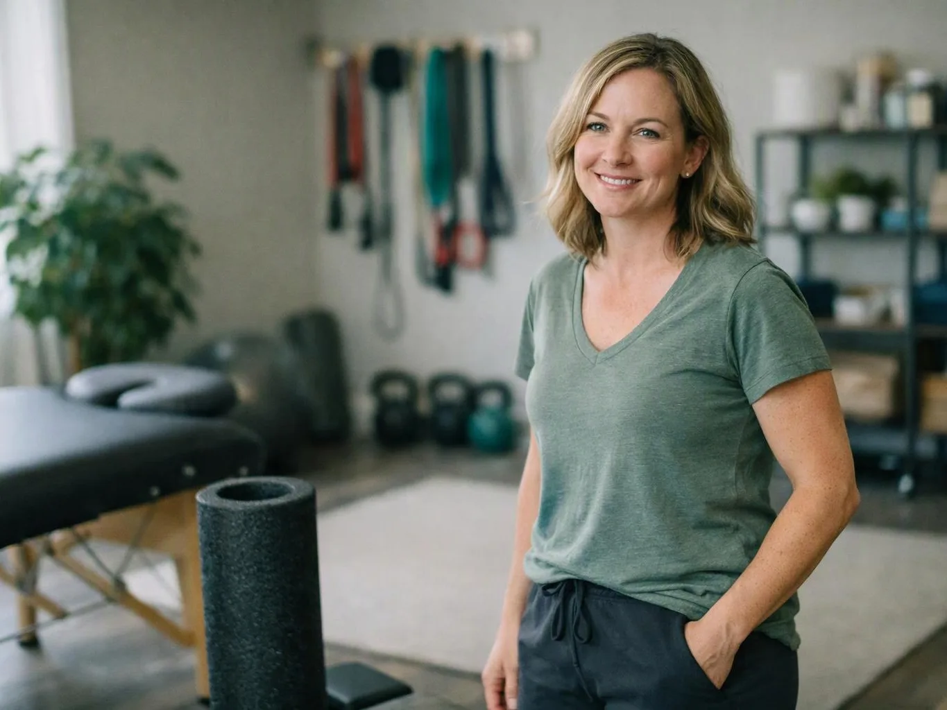 A smiling woman in a green T-shirt stands in a workout room with massage table, kettlebells, and exercise gear